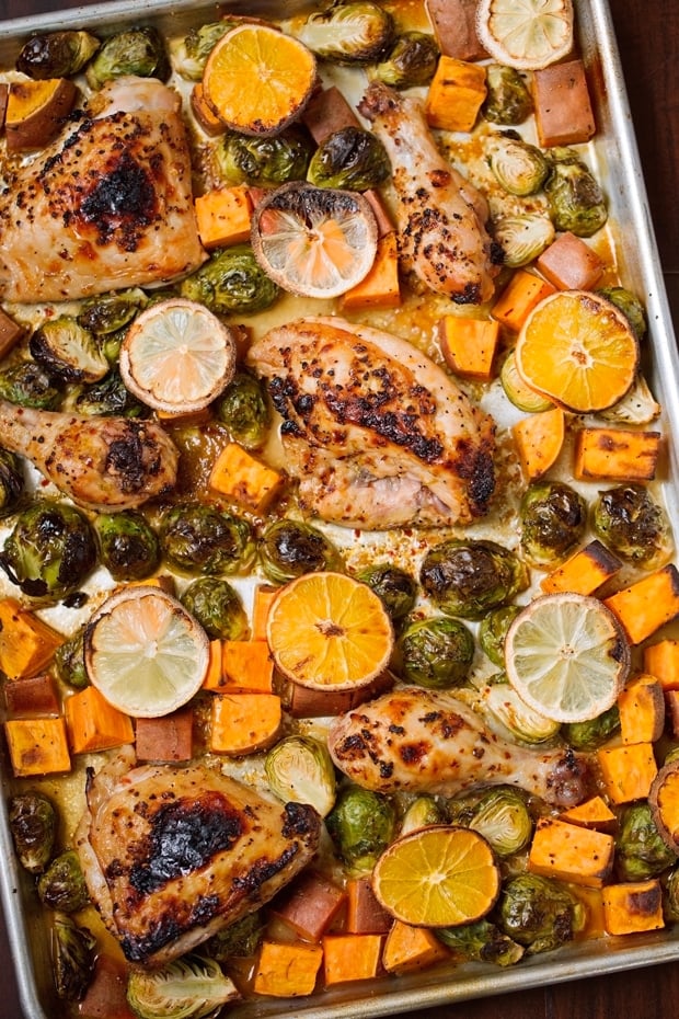 One Sheet Pan Garlic and Citrus Chicken with Brussels Sprouts and Sweet Potatoes from littlespicejar.com on foodiecrush.com