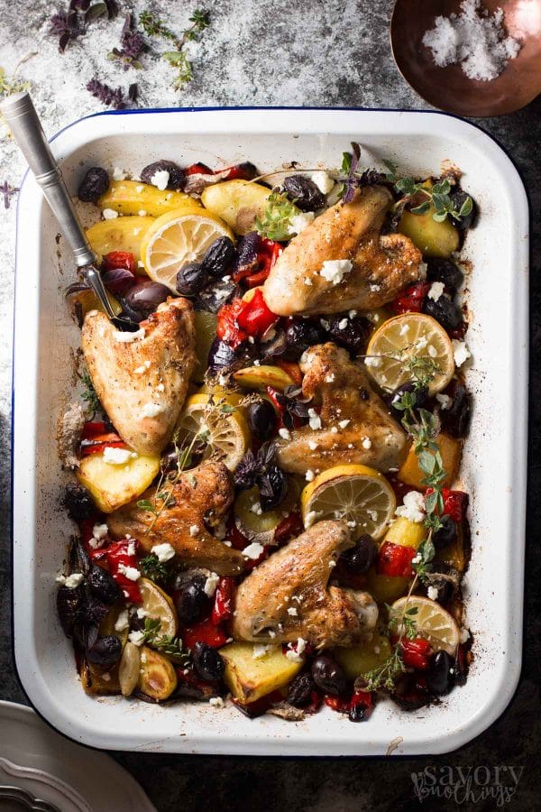 One Sheet Pan Greek Style Easy Baked Chicken Dinner from savorynothings.com on foodiecrush.com