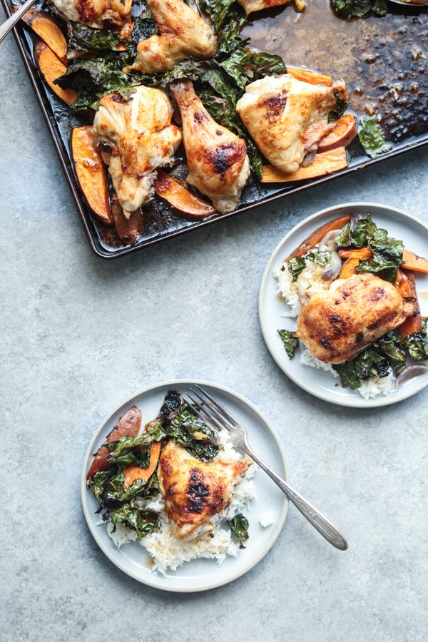 Red Curry Sheet Pan Chicken with Sweet Potatoes and Crispy Kale from feedmephoebe.com on foodiecrush.com