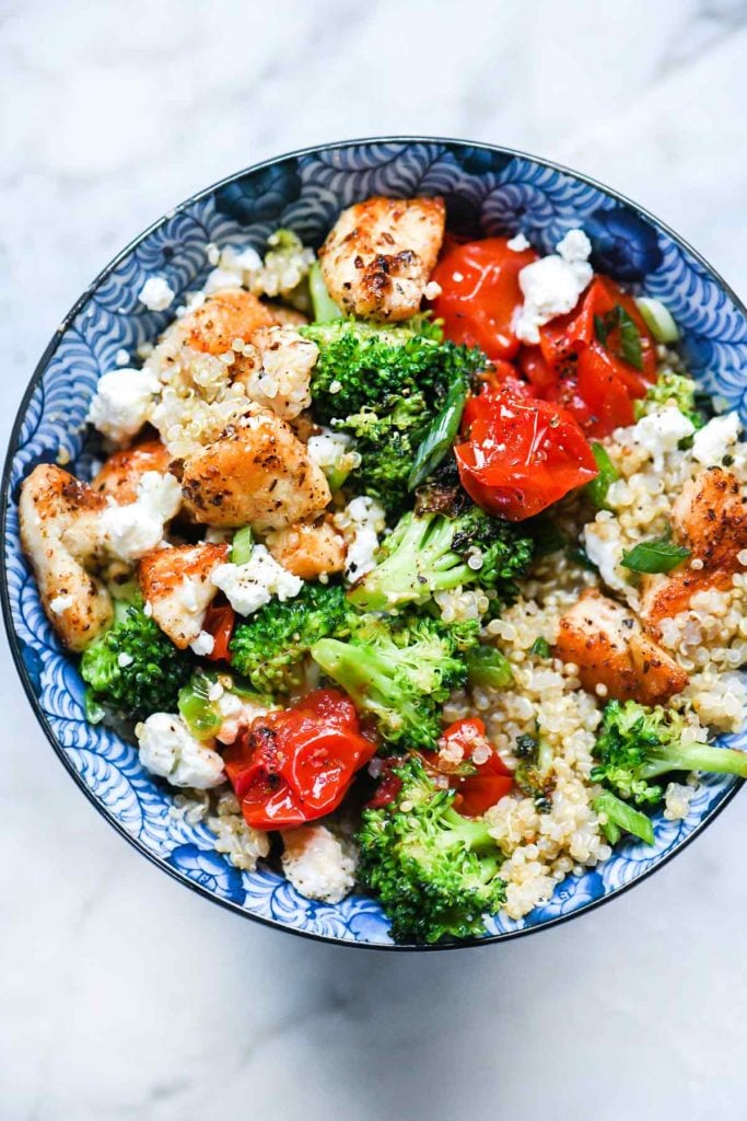 Mediterranean Chicken Quinoa Bowls with Broccoli and Tomato | foodiecrush.com #quinoa #bowl #mediterranean #chicken