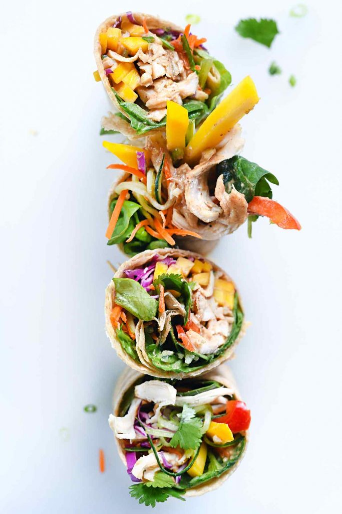 Chicken and Mango Rainbow Veggie Wraps | foodiecrush.com #lunch #wrap #easy #recipes
