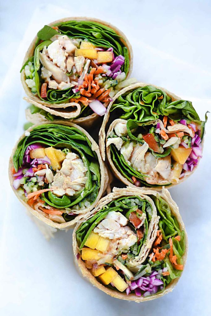 Chicken and Mango Rainbow Veggie Wraps | foodiecrush.com #lunch #wrap #easy #recipes