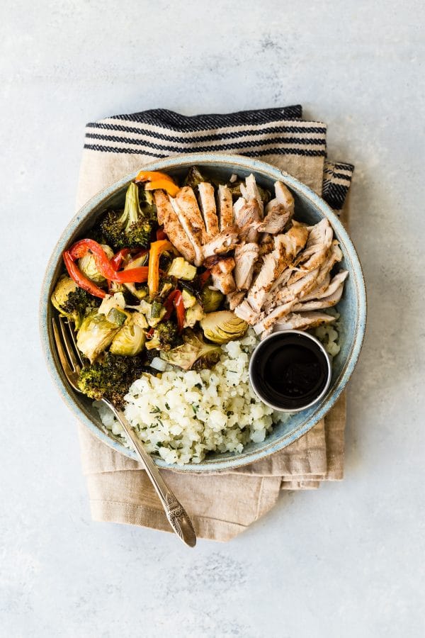 Chicken Bowl with Roasted Vegetables and Cauliflower Rice from foodnessgracious.com on foodiecrush.com
