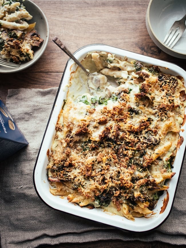 Creamy Cauliflower, Mushroom & Kale Pasta Bake from topwithcinnamon.com on foodiecrush.com