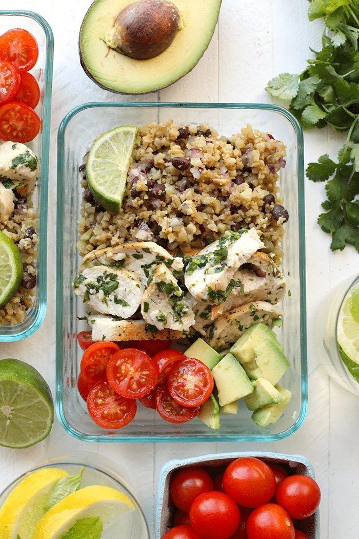 Meal-Prep Cilantro Lime Chicken with Cauliflower Rice from fitfoodiefinds.com on foodiecrush.com
