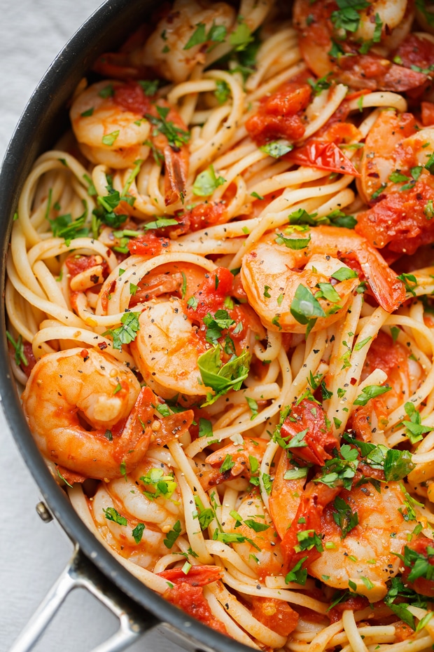 Spicy Shrimp Pasta with Tomatoes and Garlic from littlespicejar.com on foodiecrush.com