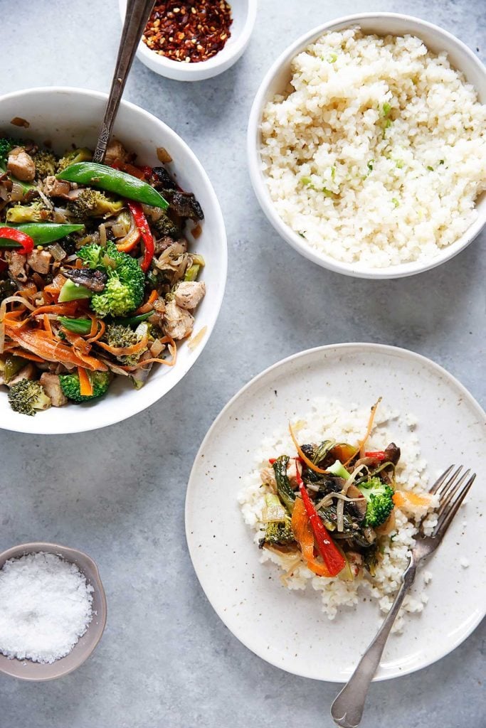 Stir-Fry with Garlic Scallion Cauliflower Rice from lexiscleankitchen.com on foodiecrush.com