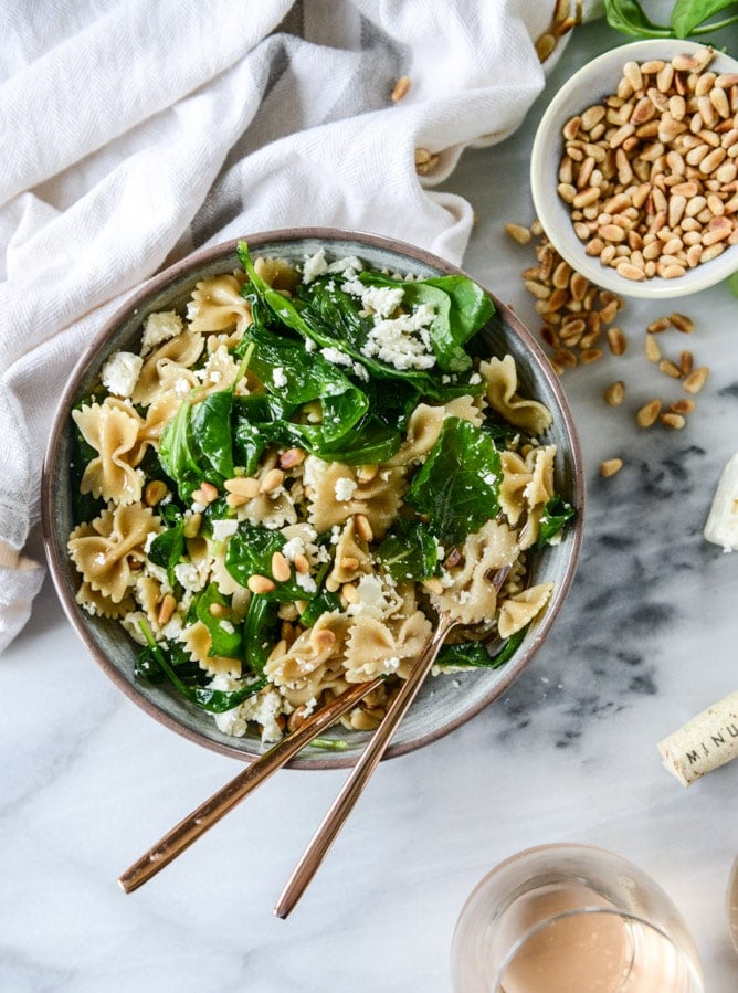 30-Minute Farfalle with Marinated Feta, Arugula and Toasted Pine Nuts from howsweeteats.com on foodiecrush.com