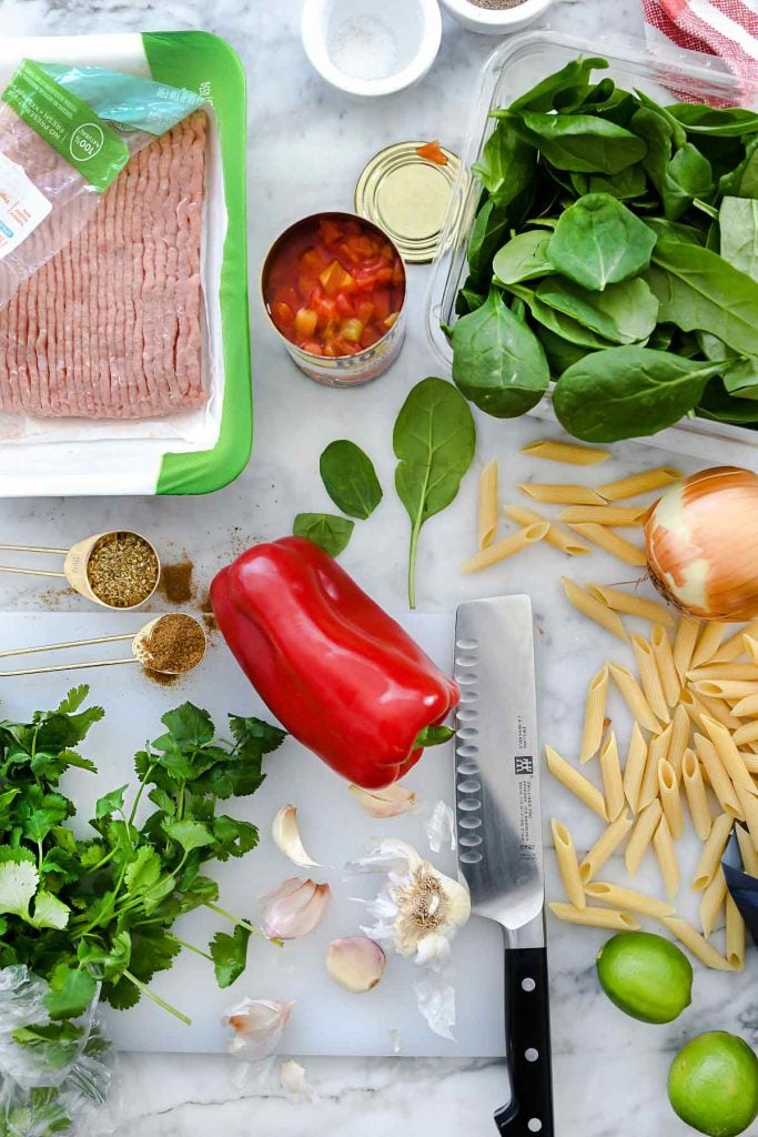 One-Pot Penne Pasta with Turkey and Spinach | foodiecrush.com #recipes #pasta #penne #healthy #onepot #turkey