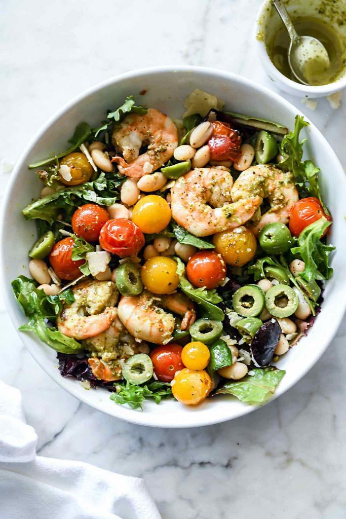 Arugula Salad with Pesto Shrimp, Parmesan and White Beans | foodiecrush.com