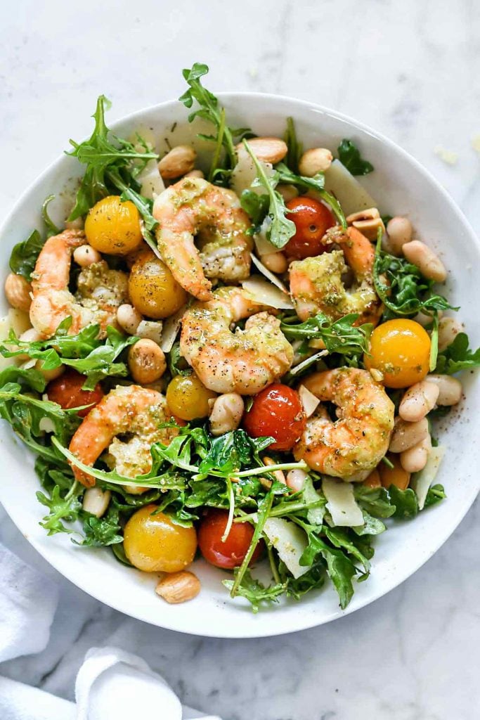 Arugula Salad with Pesto Shrimp, Parmesan and White Beans | foodiecrush.com