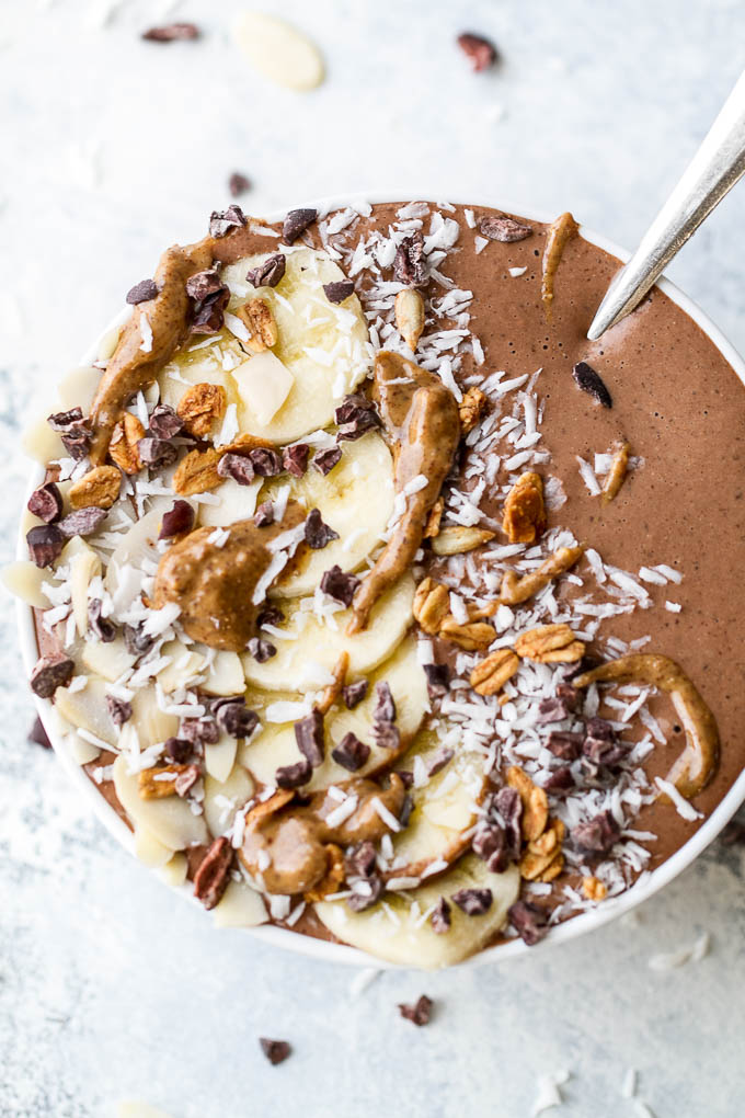 Chocolate Banana Oatmeal Smoothie Bowl from runningwithspoons.com on foodiecrush.com