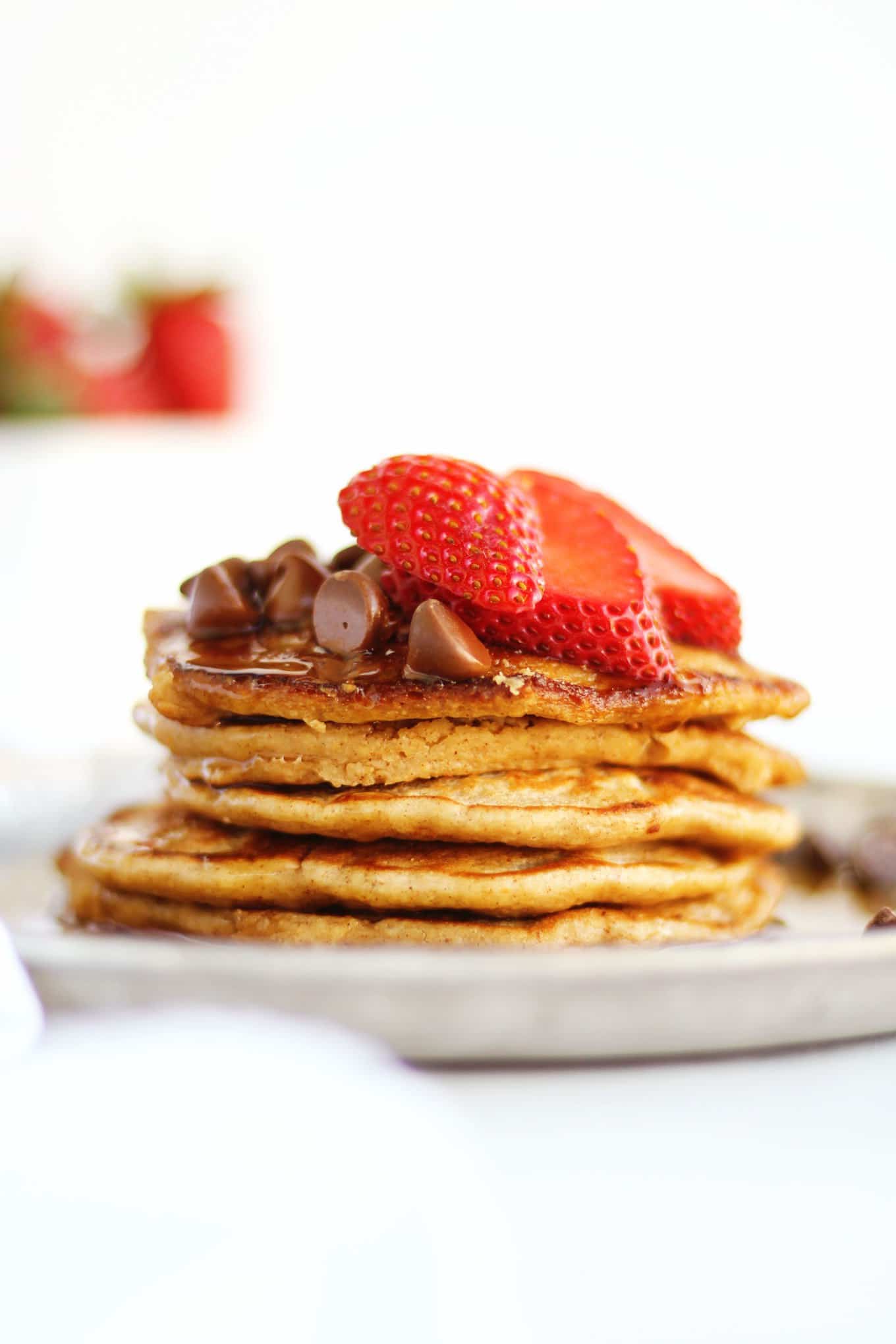 Healthy Yogurt and Oat Flour Pancakes from rhubarbarians.com on foodiecrush.com