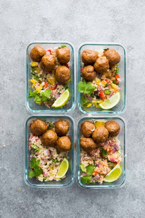 Honey Chipotle Meatball Meal Prep Bowls from sweetpeasandsaffron.com on foodiecrush.com