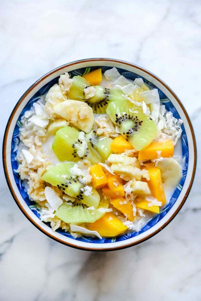 oatmeal recipe with tropical fruit on top