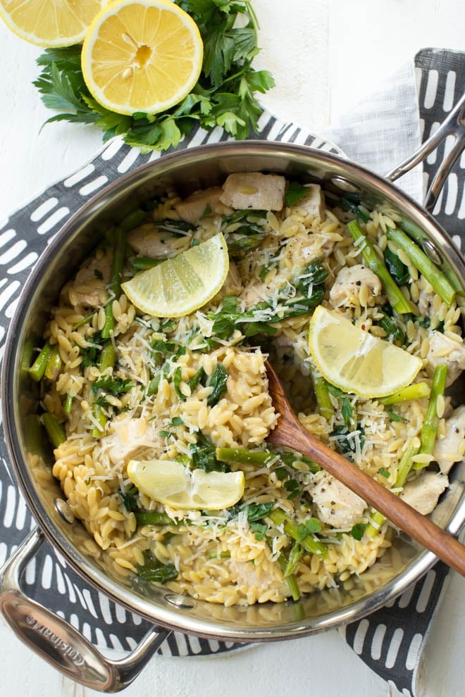 One Pot Lemon Chicken, Spinach and Asparagus Orzo from spoonfulofflavor.com on foodiecrush.com