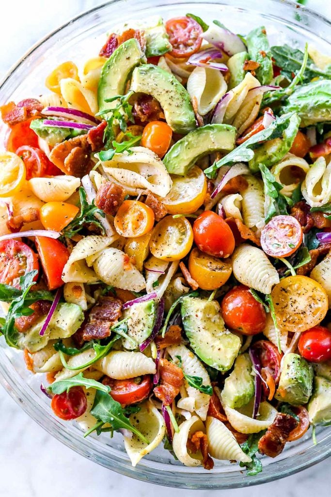 BLT pasta salad in glass bowl