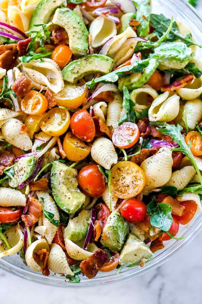 BLT Pasta Salad with Avocado | foodiecrush.com #pasta #salad #BLT #bacon #tomato #avocado #recipes