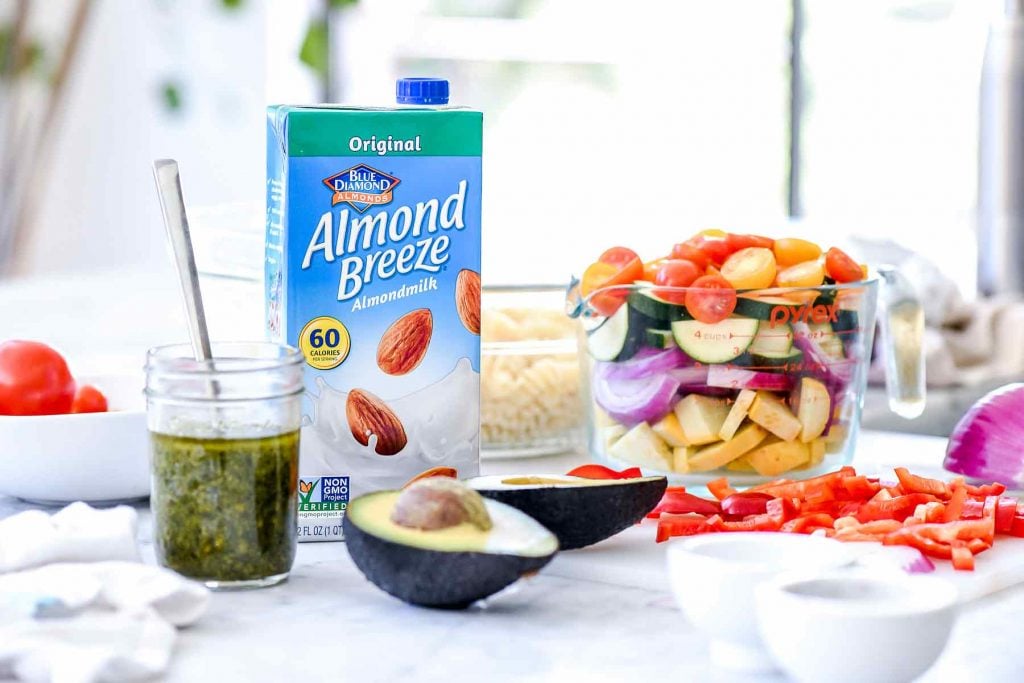 Almond Breeze AlmondMilk and pasta salad ingredients | foodiecrush.com