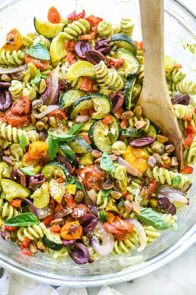 Creamy Avocado Pasta Salad with Roasted Vegetables | foodiecrush.com #salad #pastasalad #almondmilk #vegetable #avocado #creamy