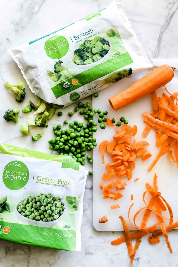 Frozen peas, carrots and broccoli for chicken and rice casserole