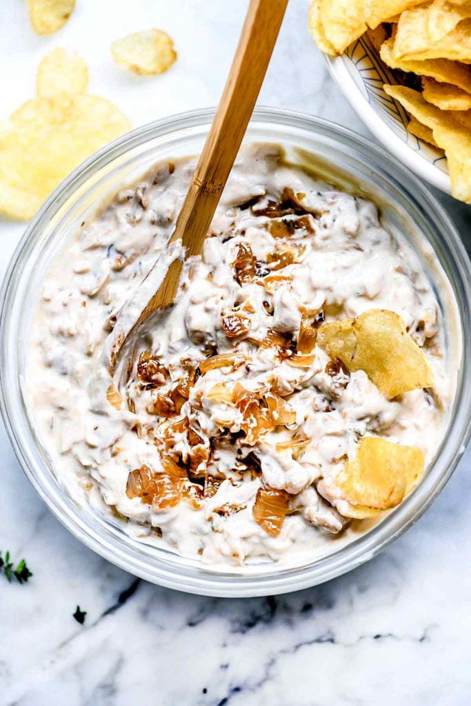 homemade French Onion Dip in glass dish