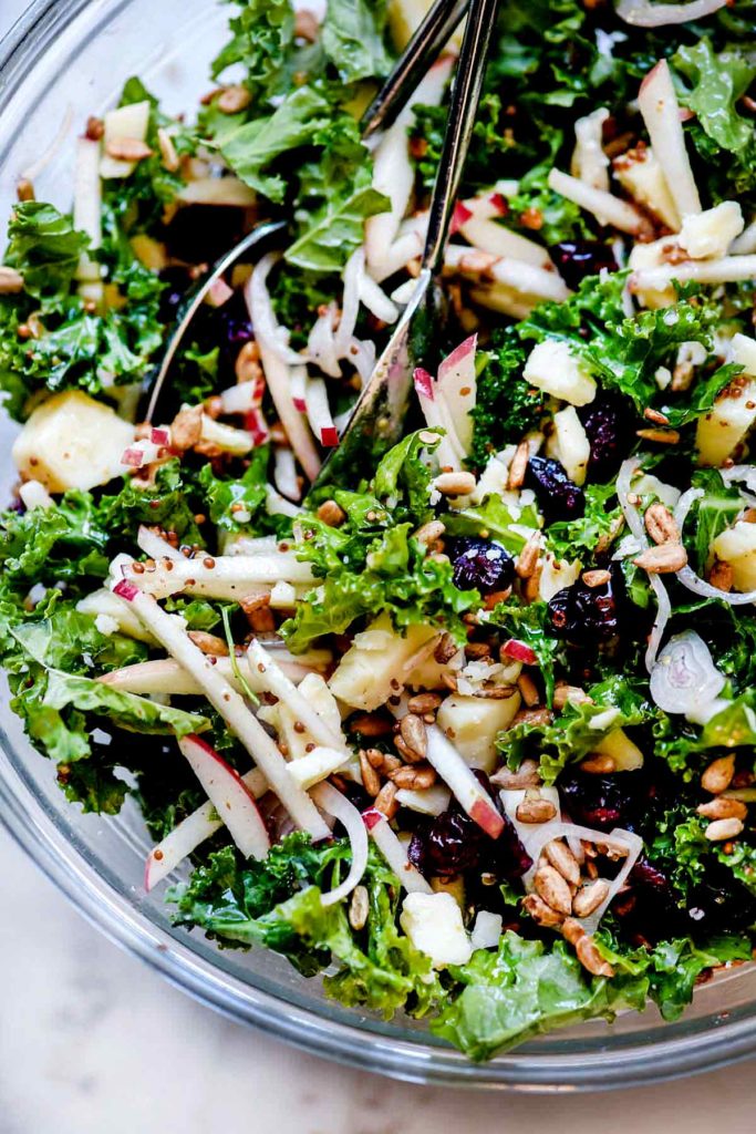 Kale Salad with Cranberries, Apples and Cheddar Cheese | foodiecrush.com #kale #salad #healthy #easy #dressing #recipes 
