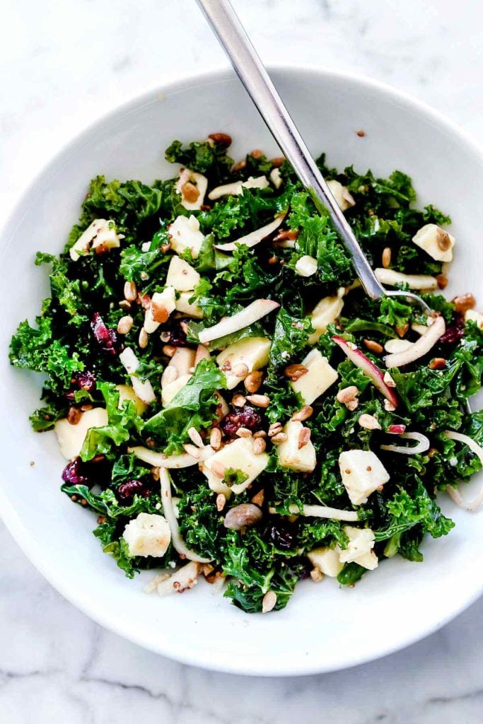 Kale Salad with Cranberries, Apples and Cheddar Cheese | foodiecrush.com #kale #salad #healthy #easy #dressing #recipes 