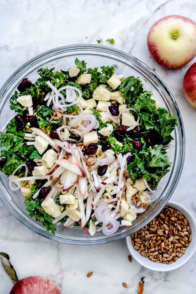 Kale Salad with Cranberries, Apples and Cheddar Cheese | foodiecrush.com #kale #salad #healthy #easy #dressing #recipes 