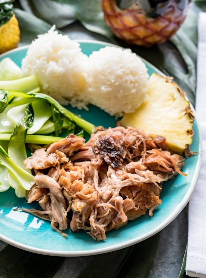 Hawaiian Style Slow Cooker Kalua Pork from Pineapple and Coconut on foodiecrush.com