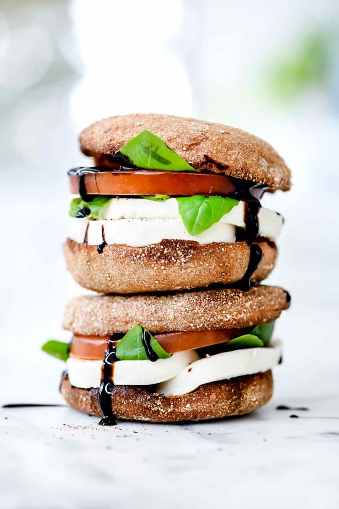 Healthy Caprese Breakfast Sandwiches | foodiecrush.com #healthy #breakfast #sandwich #caprese #englishmuffin