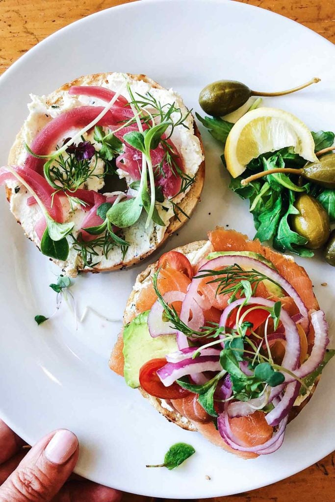Bagels and Lox DIY Brunch Bar foodiecrush.com #bagels #lox #brunch #ideas #party #bridalshower #breakfast #buildyourown