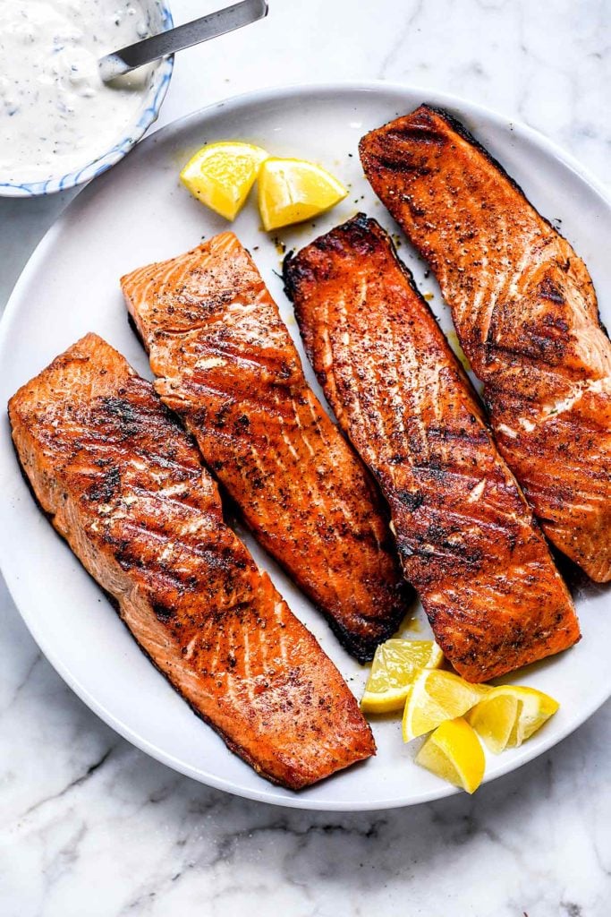 Grilled salmon with the skin on 
