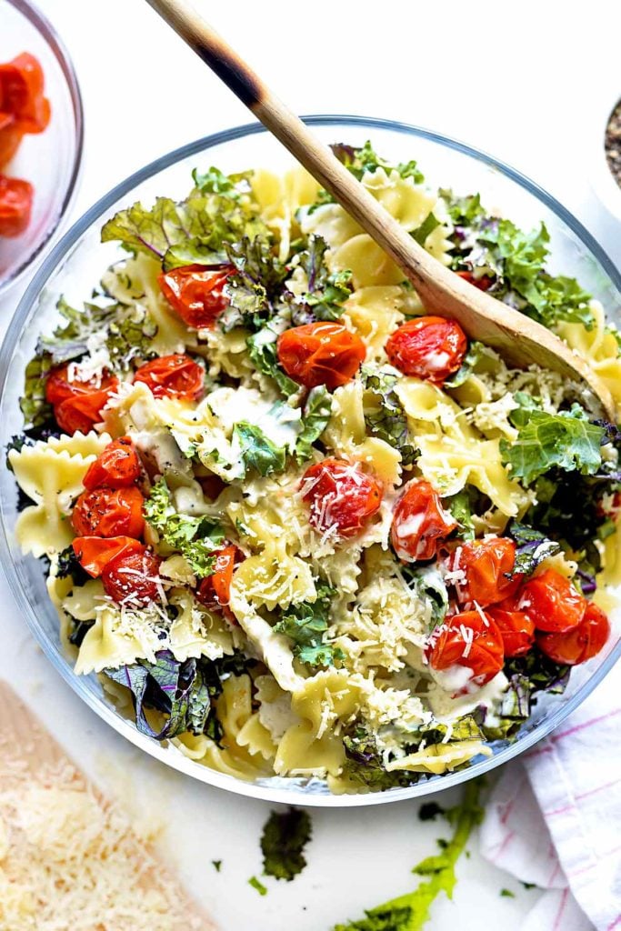 Easy Kale Caesar Pasta Salad | foodiecrush.com #pasta #salad #easy #recipes