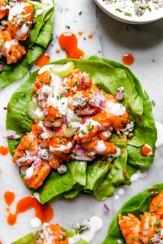 Buffalo Shrimp Lettuce Wraps from Skinnytaste on foodiecrush.com