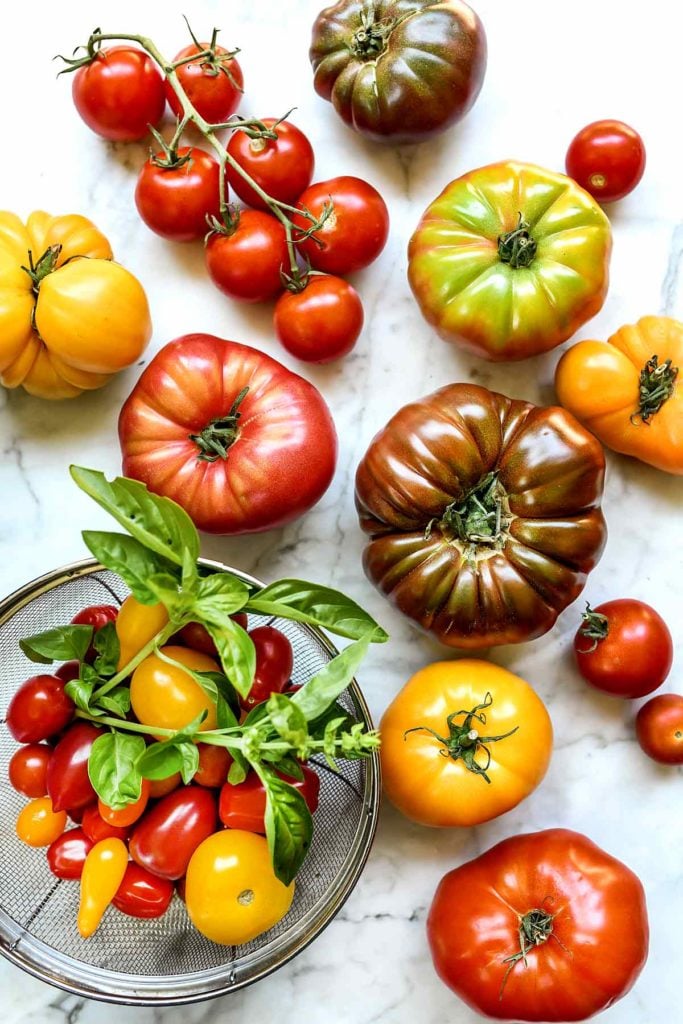 Heirloom Tomato Caprese Salad Ingredients | foodiecrush.com #caprese #salad #tomatoes #heirloom #basil #recipes