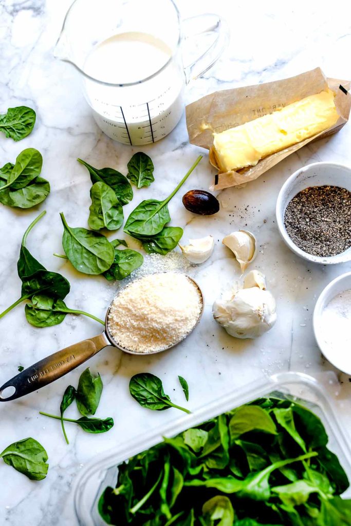 Ingredients for 5 Ingredient Creamed Spinach | foodiecrush.com #spinach #creamed #easy #recipes #parmesan