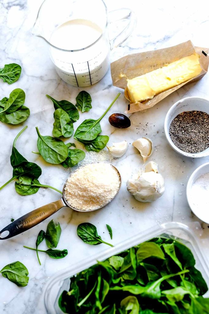 Ingredients for 5 Ingredient Creamed Spinach | foodiecrush.com #spinach #creamed #easy #recipes #parmesan