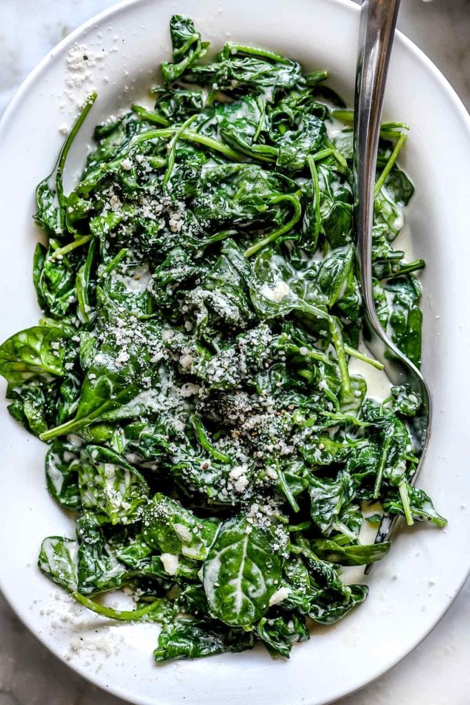 5 Ingredient Creamed Spinach | foodiecrush.com #spinach #creamed #easy #recipes #parmesan