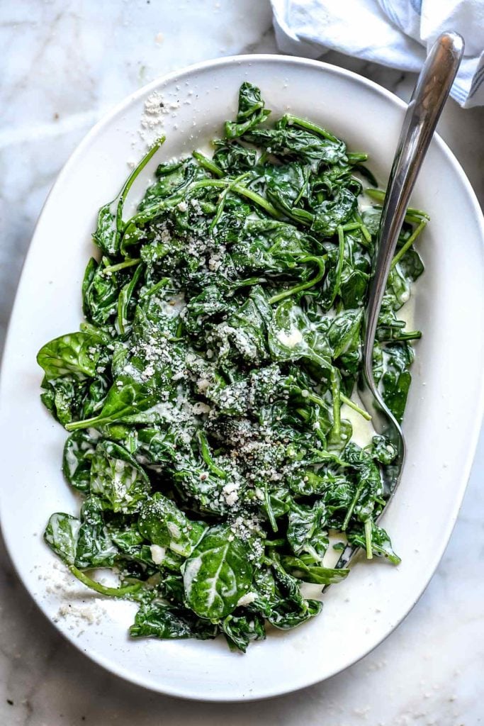 5 Ingredient Creamed Spinach | foodiecrush.com #spinach #creamed #easy #recipes #parmesan