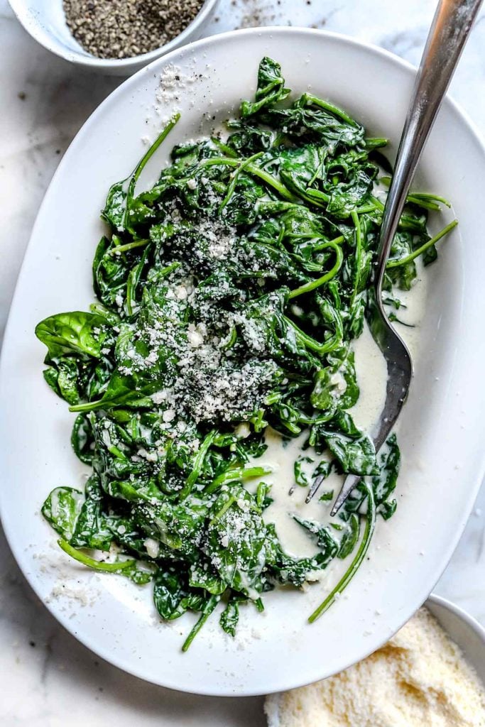 5 Ingredient Creamed Spinach | foodiecrush.com #spinach #creamed #easy #recipes #parmesan