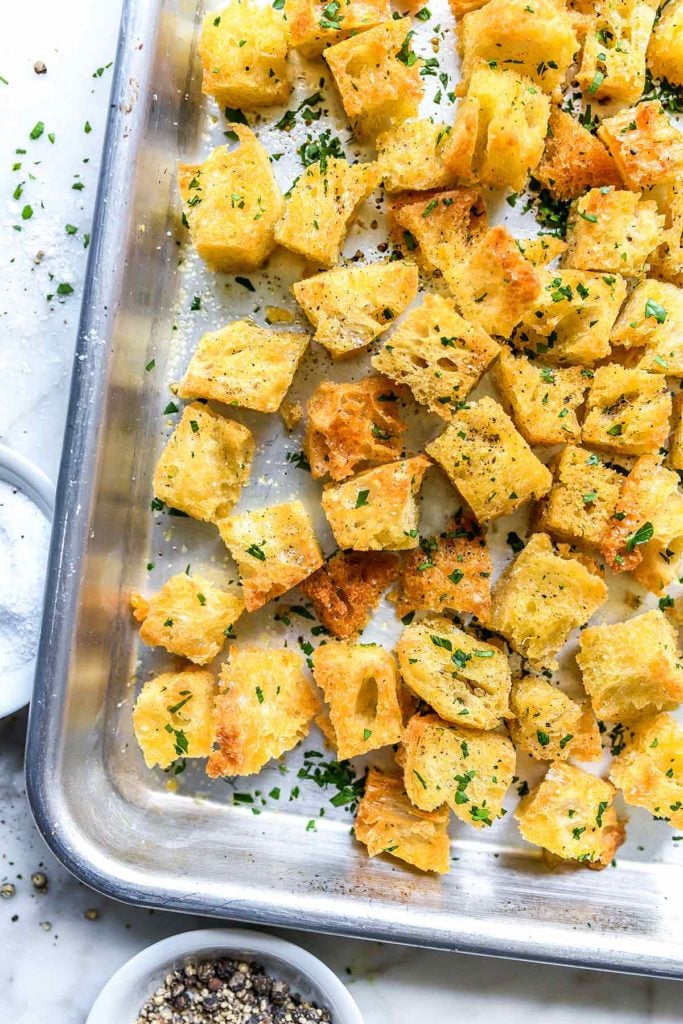 How to Make Homemade Croutons | foodiecrush.com #garlic #homemade #croutons #easy #recipe #frombread