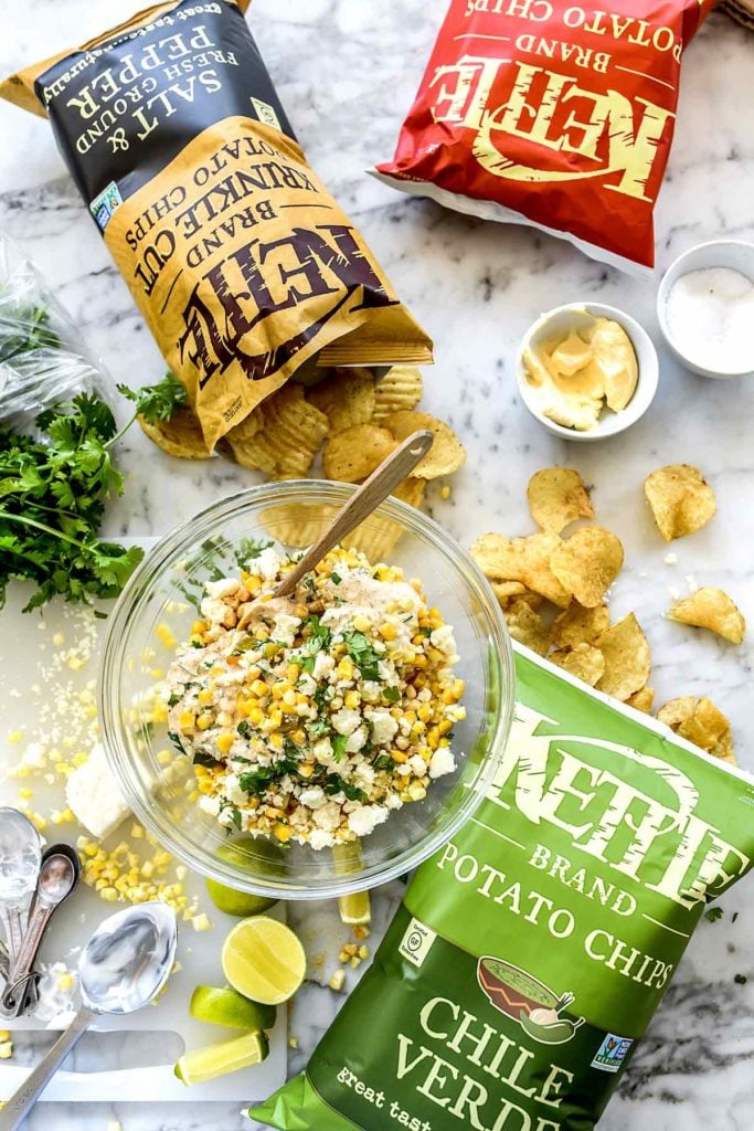 Mexican Corn Dip with Kettle Brand Chips | foodiecrush.com #recipe #corn #dip #mexican #cold #hot #easy
