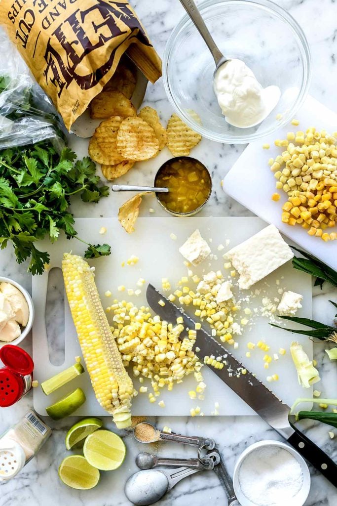 Mexican Corn Dip (Hot or Cold!) 4 Mexican Corn Dip ingredients | foodiecrush.com #recipe #corn #dip #mexican #cold #hot #easy