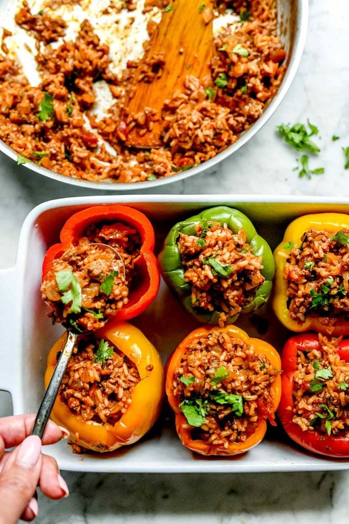 Mexican Stuffed Peppers ground beef stuffing | foodiecrush.com