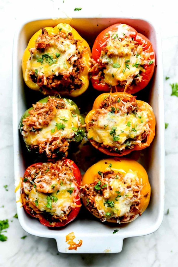 Mexican Stuffed Peppers with Cheese | foodiecrush.com #beef #peppers #stuffedpeppers #healthy #easy #mexican