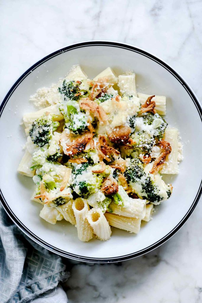 Broccoli Gratin with Crispy Onions over pasta | foodiecrush.com