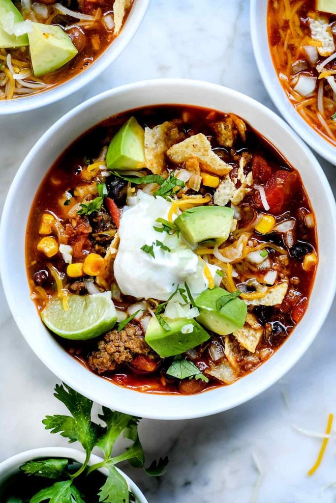 Easy Taco Soup (Stove Top or Crock Pot) | foodiecrush.com #soup #dinner #taco