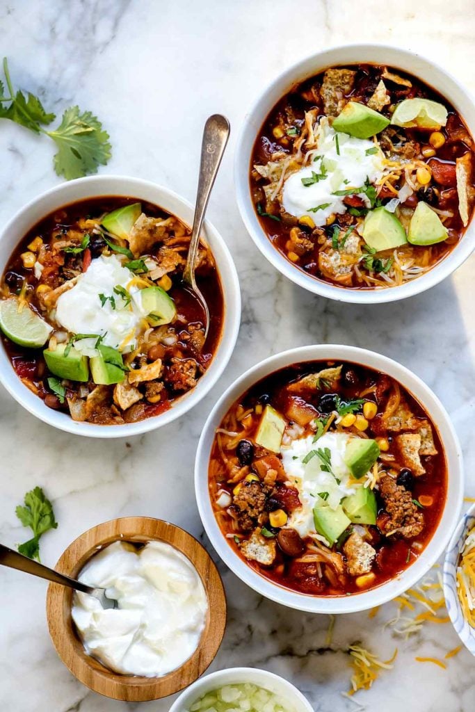 3 Bowls of Easy Taco Soup (Stove Top or Crock Pot) | foodiecrush.com #soup #dinner #taco