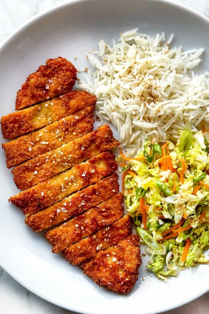 Chicken Katsu recipe panko chicken breast with rice and cabbage foodiecrush.com chicken cutlet